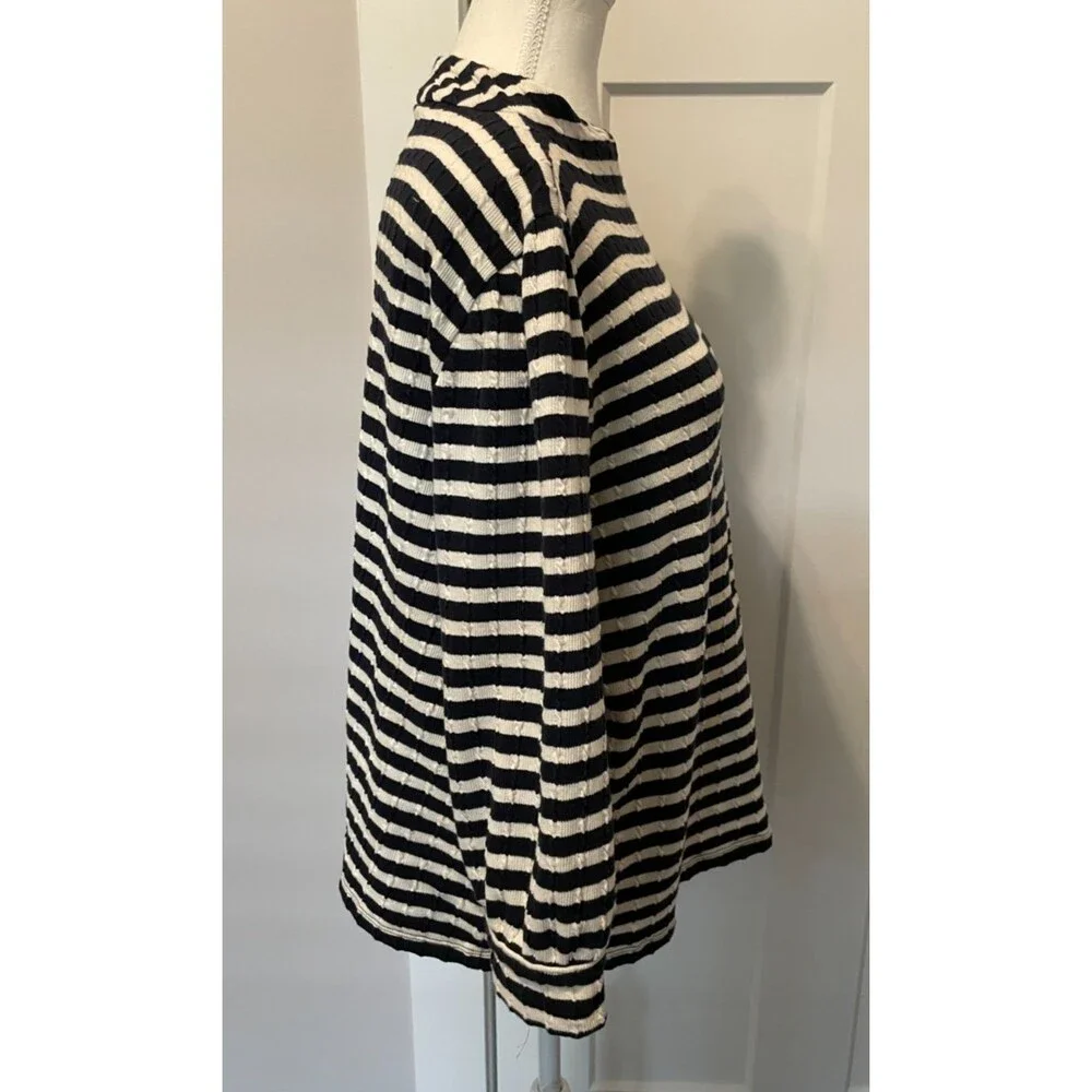 TALBOTS Womens Jacquard Knit TOP 3/4 Sleeve BLUE White STRIPE Funnel Neck Sz XL